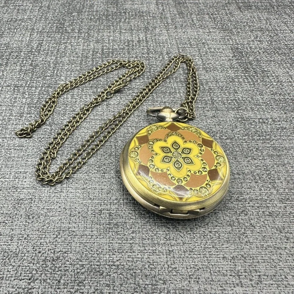 Pocket Watch Necklace Enamel & Glitter Harlequin Retro Design Quartz Brass Chain